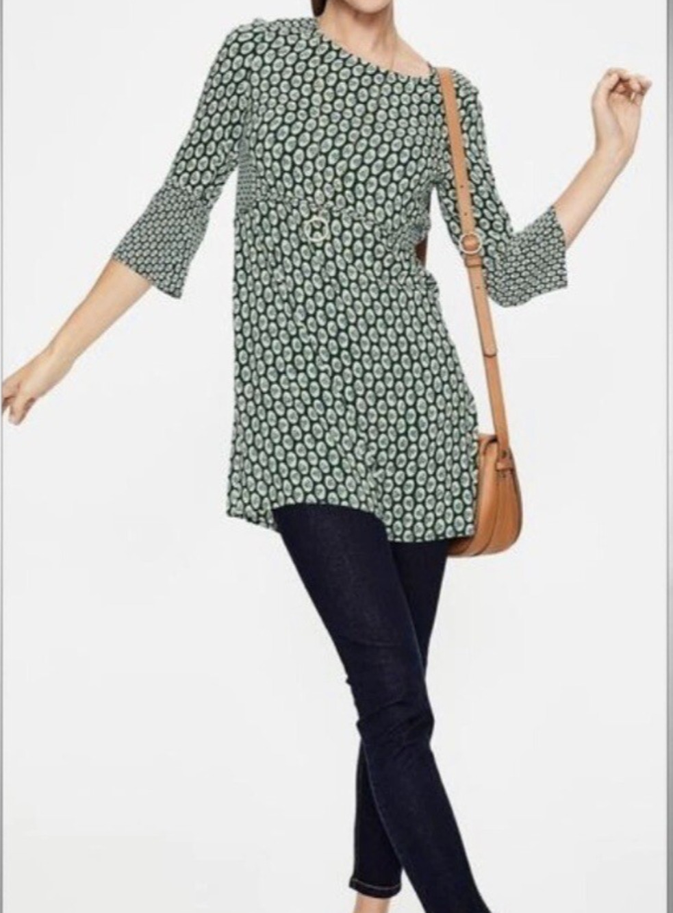 Boden Edna Tunic Dress 3/4 Flared Sleeve Floral Polka Dot Green White Blue 10L